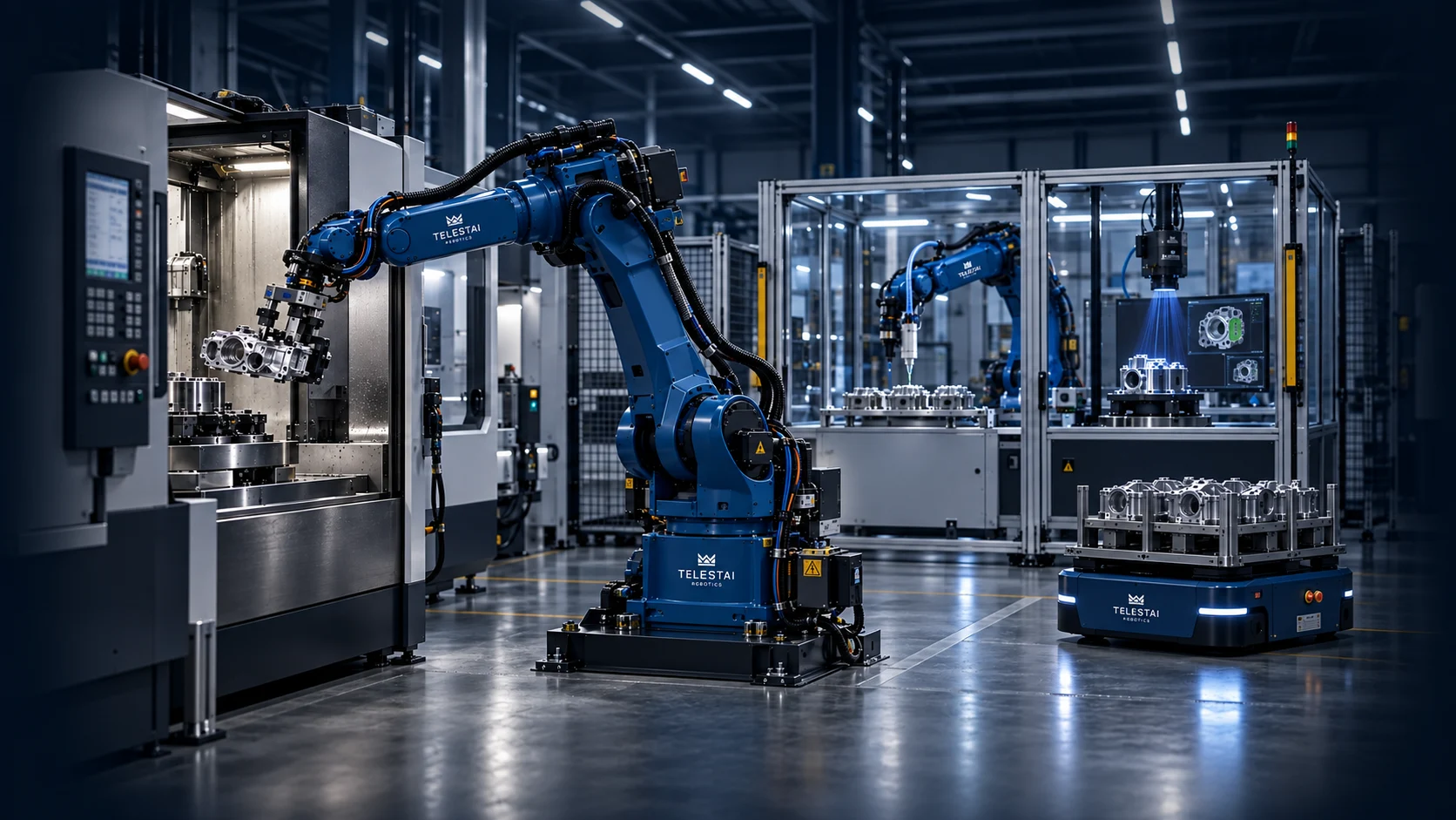 Visão conceitual de robôs Telestai integrados a CNC, inspeção e logística industrial